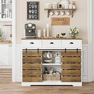 HOSTACK Farmhouse Coffee Bar Cabinet, 47" Kitchen Buffet Cabinet with Storage, Barn Doors Sideboard Storage Cabinet, Wood Buffet Sideboard with Drawers and Shelves for Dining Room, Entryway, White HOSTACK Farmhouse Coffee Bar Cabinet 47 Kitchen Buffet Cabinet with Storage Barn Doors Sideboard Storage Cabinet Wood Buffet Sideboard with Drawers and Shelves for Dining Room Entryway White
