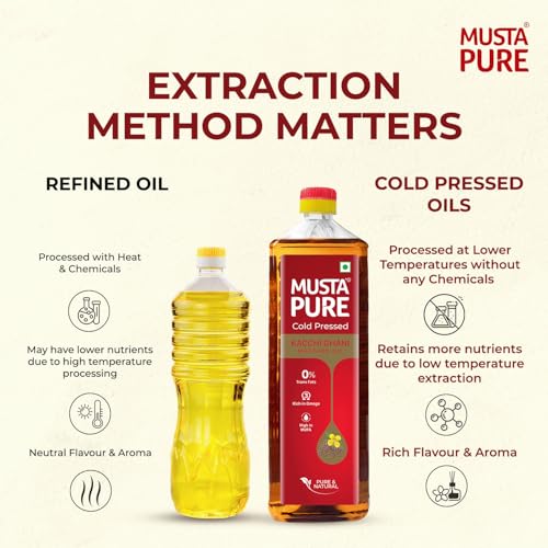 Image of Musta Pure Cold Pressed Kachi Ghani Mustard Oil 1 Litre Cooking Oil, Unrefined, Naturally Cholesterol Free, A1 Grade Real Seeds For Natural Aroma & Flavour For Roasting, Frying, Baking - PET Bottle