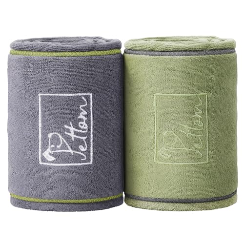 PETTOM Serviettes pour Chien Lot de 2 avec Poches à Main Serviette de Bain en Microfibre Super Absorbant Douce et Lavable Séchage Rapide pour Petits et Grands Chiens, Gris et Vert 90x50 cm
