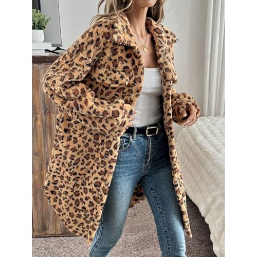 Women's Faux Fur Long Jacket Fleece Leopard Printed Button Down Coats Lapel Flannel Jacket Winter Fall Outwear4
