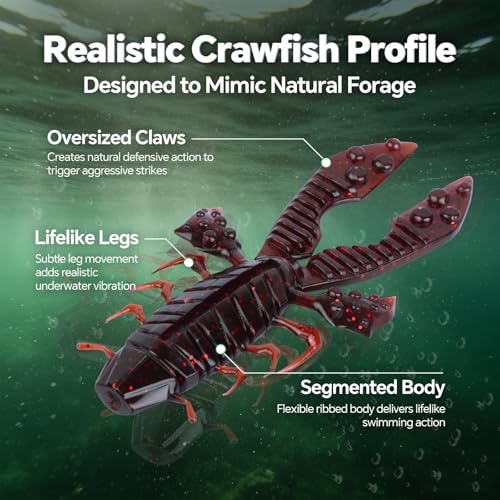 Image of Battle Craw Soft Plastic Crawfish Lures Kit with Removable Rattles | Salt Infused Creature Bait for Bass Fishing, Texas Rig & Jig Trailer Lure in Tackle Box, Realistic 1:1 Claw-to-body 4.1 /5.5in