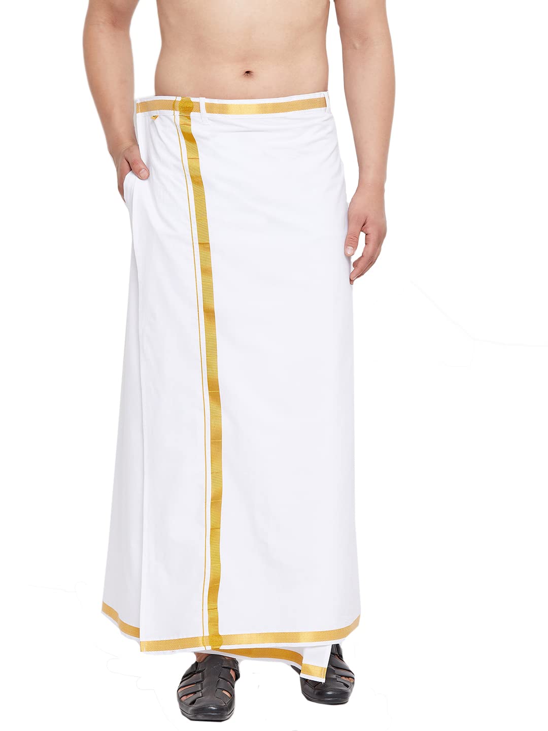 vastramay Men's South Indian Style White Dhoti with Gold Border and Pocket - Traditional Cotton Mundu/Vesti for Festive, Wedding, and Casual Wear-picture-21