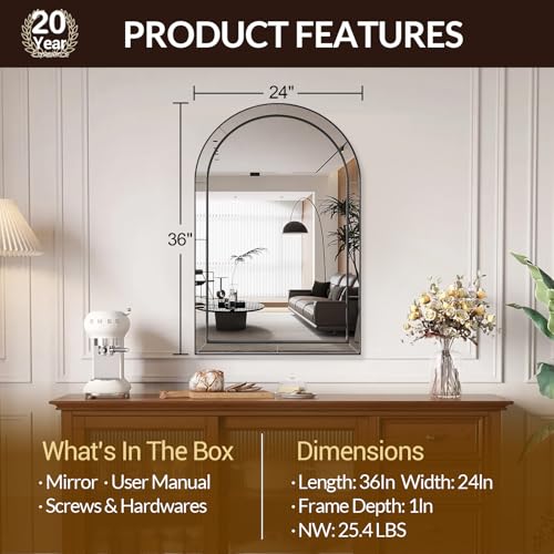 Image of MOON MIRROR Arched Mirror for Bathroom, Bathroom Mirrors for Over Sink, 24x36 inch Matte Black Non-Rusting Vanity Mirror in Delicate Tessellated Glass Design
