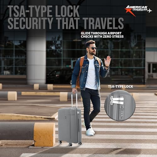 Image of AMERICAN TRAVELLER Touris Travel Trolley Bag Single Medium | Lightweight Expandable Polypropylene Hard Shell | Large Suitcase with TSA Lock | 8 Lego Wheels | Travel Luggage for Men & Women (24, Grey)