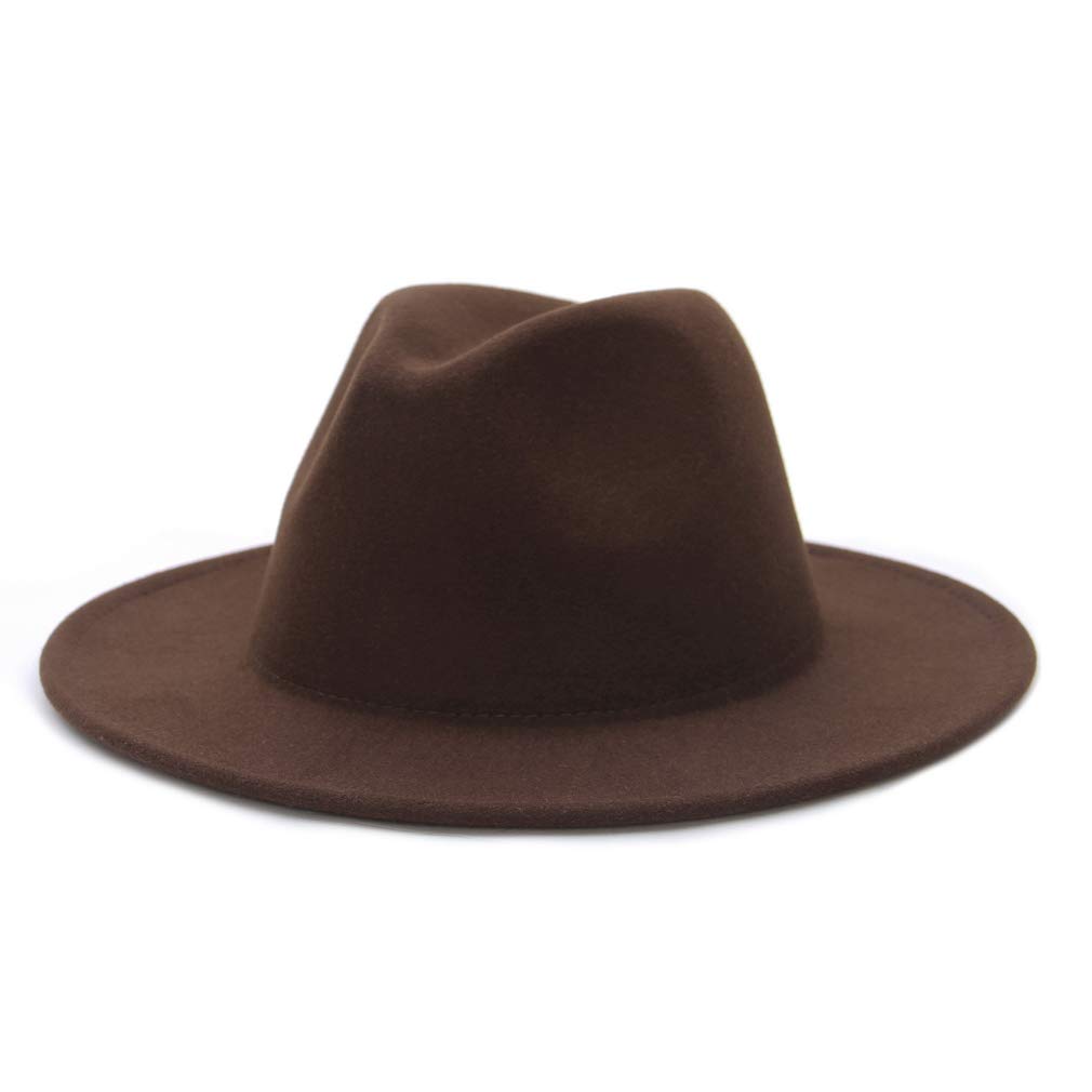 Gemvie Unisex Coffee Vintage Wool Fedora Hats Mens Womens Elegant Wide Brim Jazz Panama Hat Trilby Felt Hats -M