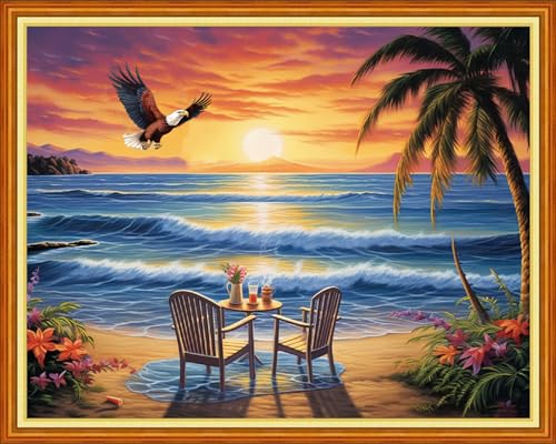 Image of Dimensean Stamped Cross Stitch Kits Full Range of Embroidery Patterns Starter Kits for Beginners Adult DIY Cross Stitches Needlepoint Kits 11CT-Rest by the Seaside 16x20 inch