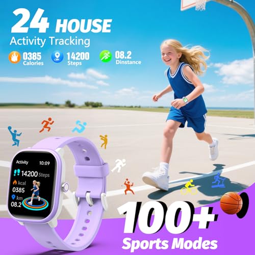 Kids Wach for Girls Boys 6-15 Year Old - Smart Watch for Kids 1.8" Fitness Tracker,No Phone needed,Pedometer Sleep Monitor Heart Rate Waterproof,Puzzle Game for Girls Boys Teens Birthday Gift (Purple)2