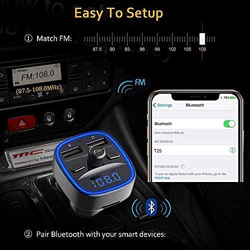 Bluetooth Fm Transmitter For Car, Blue Ambient Ring Light Wireless Radio Car Receiver Adapter Kit With Hands-Free Calling, Dual Usb Charger 5V/2.4A And 1A, Support Sd Card, Usb Disk (Black) #TOP5