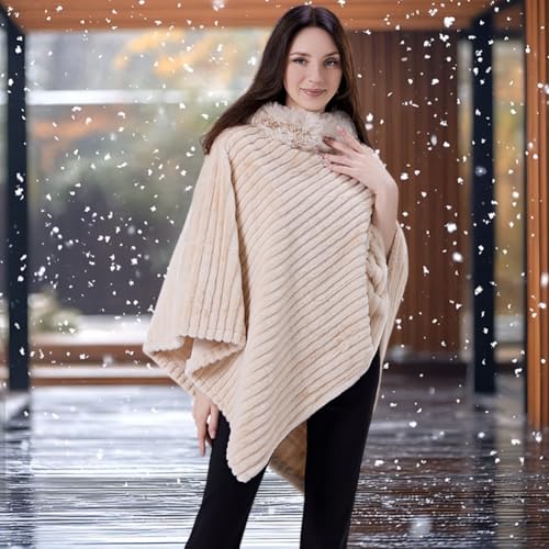 Women's Shawl Wraps Knitted Chenille Shawl Faux Fur Collar Poncho Sweater Pullover Cape for Fall Winter Travel2
