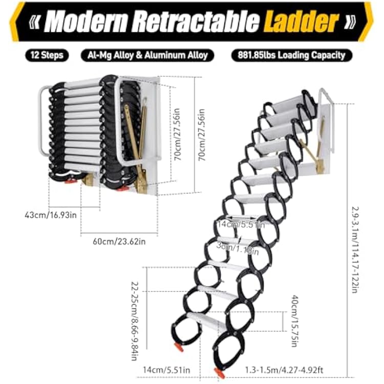 Attic Ladder Pull Down 11 Steps Attic Ladder Drop Down Attic Stairs, Loft Ladder Wall-Mounted Folding Stairs for Attic, 8.9-9.2ft Height, 880LB Load Capacity (US Stock)