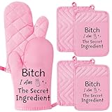 GROBRO7 6Pcs Funny Oven Mitts Pot Holders Baking Gift, I Am The Secret Ingredient Resistant Hot Pad Machine Washable Gloves with Hanging Pocket Potholder for Friend Women Gift for Love Kitchen Cooking