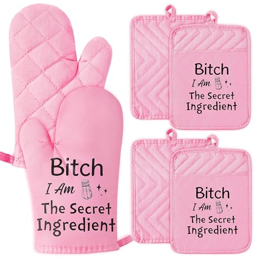 GROBRO7 6Pcs Funny Oven Mitts Pot Holders Baking Gift, I Am The Secret Ingredient Resistant Hot Pad Machine Washable Gloves with Hanging Pocket Potholder for Friend Women Gift for Love Kitchen Cooking