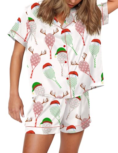 Image of SHESHOW Pajamas for Women Set Satin Button Down Short Sleeve Top and Shorts Pjs Sets Sport Ball Print Sleepwear XS-XXL