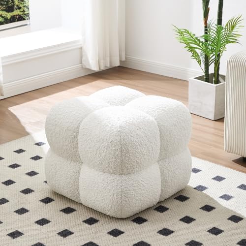 Image of Zesthouse Square Pouf Ottoman Footstool, Modern Backless Vanity Chair for Bedroom, White Fuzzy Foot Rest for Couch, Upholstered Tufted Footstool, Sherpa Fabric Ottoman Coffee Table for Living Room