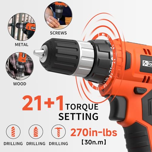 Image of FADAKWALT 20V Electric Power Drill Set, Torque 30N, 21+1 Torque Setting, 3 /8-Inch Keyless Chuck, LED Electric Drill Kit, Orange