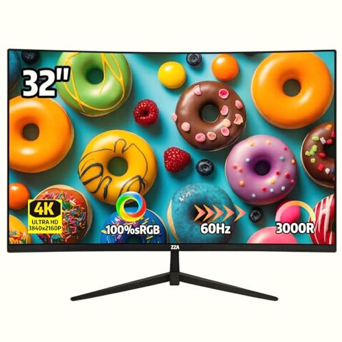 Image of ZZA 32 Inch 4K UHD Curved Monitor (3840x2160), VA,60Hz Refresh Rate, 100% sRGB, Adaptive Sync, 178 Viewing Angle, HDMI /DisplayPort, VESA 100x100mm Mount Compatible, Tilt Adjustable - Black