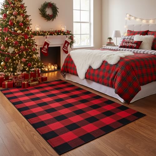 Mudder Buffalo Plaid Rug 3 x 5 Ft Black and Red Checkered Door Mat, Outdoor Front Porch Check Doormat Washable Woven Christmas Decor for Outdoor, Indoor, Kitchen, Farmhouse, Entryway