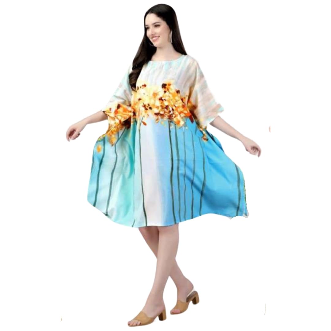 Blue Ethnic Designer Printed Kaftan Dresses for Women – Stylish, Modest, Loose Fit, Free-Size short Midi for Casual, Holiday & Beachwear-image-26