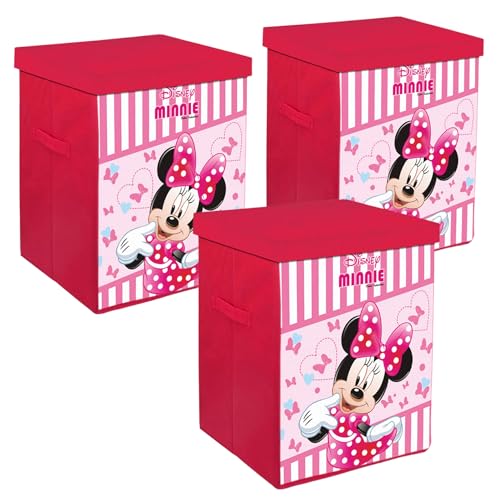 Kuber Industries Lot de 3 paniers à linge pliables avec couvercle - Motif Disney Minnie - Boîte de rangement en tissu - Organiseur de rangement pour jouets -...