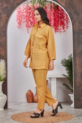 Image of Women's Yellow Rayon Co-Ord Set | Unique Style Collar Neck Full Sleeve Shirt & Matching Pants | Thread Work Ethnic Wear Kurta Set