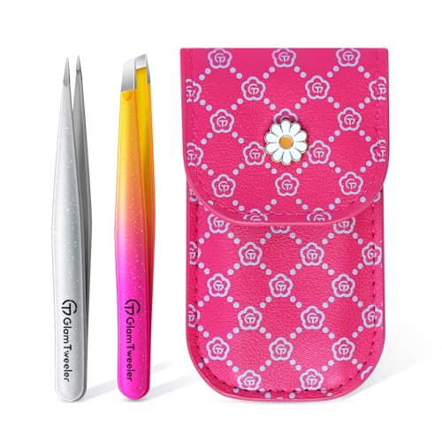 GlamTweeler - Juego de pinzas de punta inclinada y puntiaguda con exclusiva funda de viaje, juego de pinzas afiladas y de precisión para cejas, vellos faciales y eliminación de vello fino (rosa