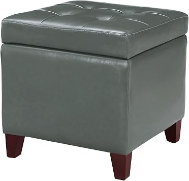 Adeco 18" Square Storage Ottoman with Hinged Lid, Waterproof Faux Leather Tufted Footstool, Sturdy Cube Seat for Living Room, Bedroom & Entryway, Supports 250lbs, Cement Grey