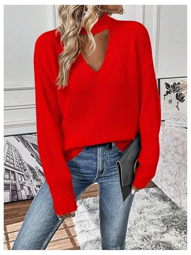 Image of GORGLITTER Women's Cut Out Oversized Lighweight Sweater V Neck Long Sleeve Sexy Trendy 2025 Fall Pullover Tops Red Large