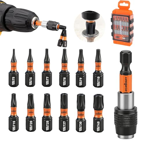 Image of HORUSDY Tamper Proof Torx Bit Set, 13-Pieces T5-T40 Security Torx Bits with Magnetic Tips, Torque Star Bits with 2.1 inch Self-locking Quick Change and Storage Box, S2 Steel
