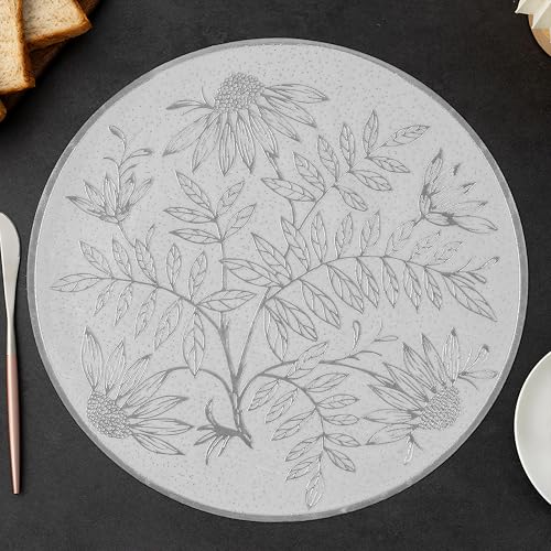 Yellow Weaves 4 Pcs PVC Round Table Placemats, Dining Table Mat, Stain Resistant, Anti-Skid, Waterproof, Washable, Dining, Kitchen, Restaurant Table Set Easy to Clean, Durable (Botanical Silver)