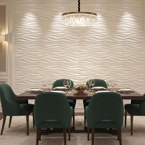 Image of Kayra Decor 3D PVC Wall Panels for Bedroom & Living Room | Wave Design | White Color | 19.7 x 19.7 Inch | Pack of 18 | 48.42 Sq Ft