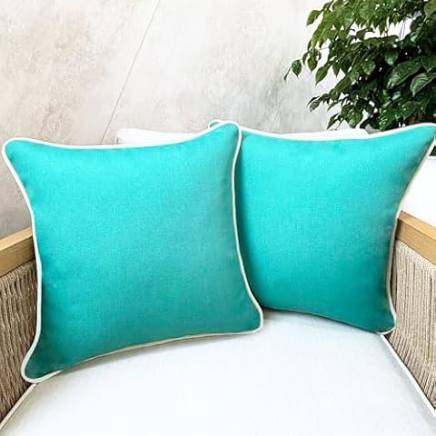 HerHwa Outdoor Throw Pillow Covers ONLY White Piping, 18x18 Inches, Pack of 2 – Waterproof, Smooth Zipper, Durable Polyester for Outdoor/Indoor Decor, Machine Washable (Turquoise) Cover