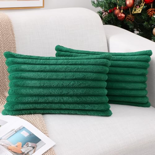 Image of Pallene Faux Fur Plush Lumbar Throw Pillow Covers 12x20 Set of 2, Luxury Soft Fluffy Striped Decorative Pillow Covers for Sofa, Couch, Living Room, Christmas Green