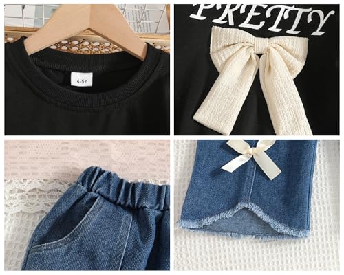 Image of Kids Toddler Girl Long Sleeve Bow Sweatshirt & Denim Straight Leg Jeans Pants Fall Winter Outfits Set
