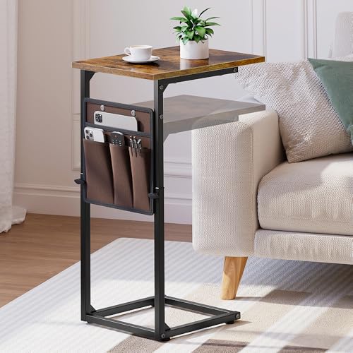 Vagusicc C Shaped End Table, 33Tall Side Table for Couch, Adjustable Height Sofa Table Small Couch Side Tables, Slide Under Recliner TV Tray Arm Tables with Metal Frame for Living Room,Bedroom,Brown