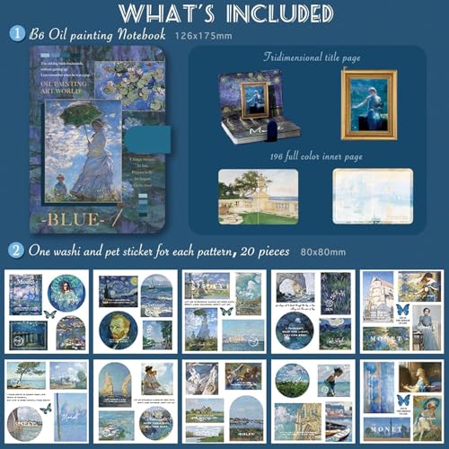 Image of 346Pcs Paper Vintage Aesthetic Scrapbook Kit Scrapbooking Supplies Kit With Bullet Junk Journal, Stationery, Washi Stickers A6 Grid Notebook Journaling Gift For Girl (Blue Scrapbook)