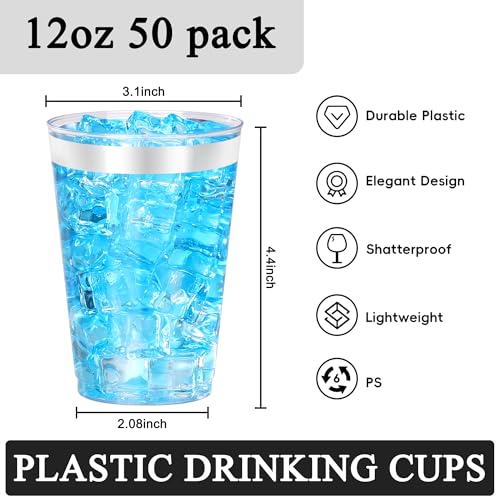 Image of 50 Pcs Silver Plastic Cups,12oz Silver Rimmed Plastic Cups,Heavy Duty Disposable Plastiic Wine Glasses Cocktail Glasses Premium Cup with Silver Rim for Party,Wedding,Christmas
