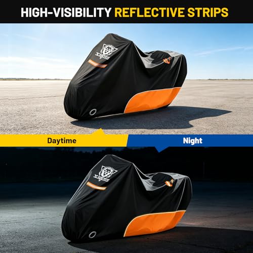 Image of XYZCTEM Motorcycle Cover All Season Waterproof Outdoor Protection | Fit up to 116 Inch Tour Bikes, Choppers and Cruisers - Protect Against Dust, Debris, Rain and Weather (Black and Orange)