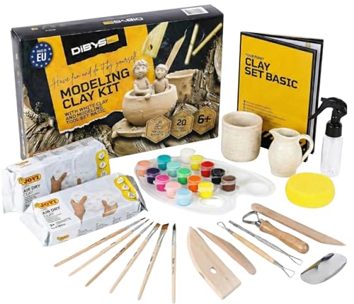 DIBYS Kit Arcilla Secado Al Aire Blanca Juego Alfarería con Herramientas de Modelado, Arcilla Blanca, Pinturas y Pinceles Kit Manualidades Adultos Kit de Cerámica para Modelar
