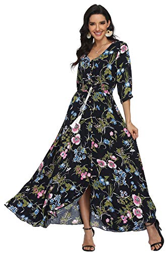 VintageClothing Women's Floral Maxi Dresses with Sleeves Flowy Boho Beach Dress, Style A-Multi-Pink&Blue, Large