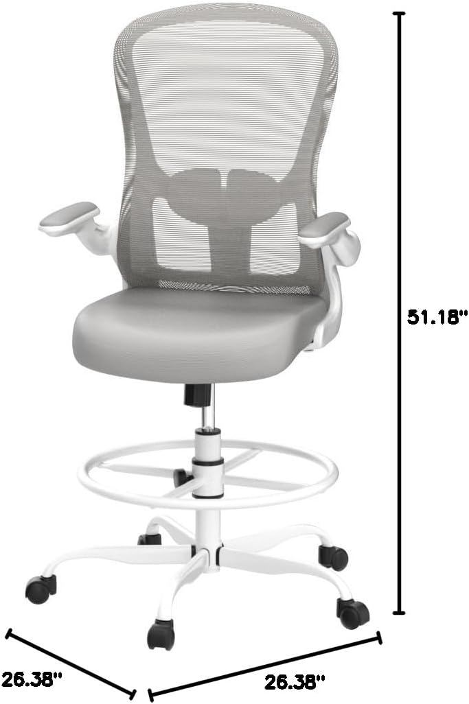 Drafting Chair, Tall Office Chair with Flip-up Armrests Executive Ergonomic Computer Standing Desk Chair, Office Drafting Chair with Lumbar Support and Adjustable Footrest Ring Light Grey&white