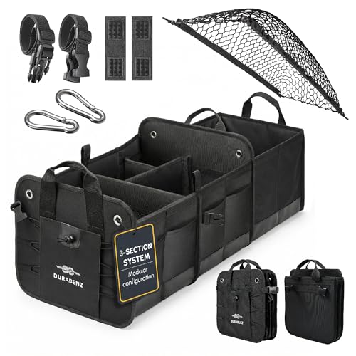 DURABLEZ 3-Section Car Trunk Organizer XL – Large Modular Auto Storage Bin, Foldable Multi-Compartment Cargo Organizer for Car Trunk, Heavy Duty 1680D Design – Black