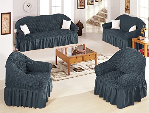 Image of House of Quirk Turkish Bubble Frill Five Seater 3 + 2 Sofa Slipcovers 280 GSM, Durable Washable Universal Triple Seater High Elastic Furniture Protector (Grey)
