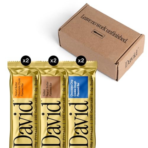 David High Protein Bars - 0g of Sugar, Low Carb, Gluten Free - 28g of Protein, 150 Calories - Variety 6 Pack (2x Peanut Butter Chocolate Chunk, 2x Chocolate Chip Cookie Dough, 2x Salted Peanut Butter)