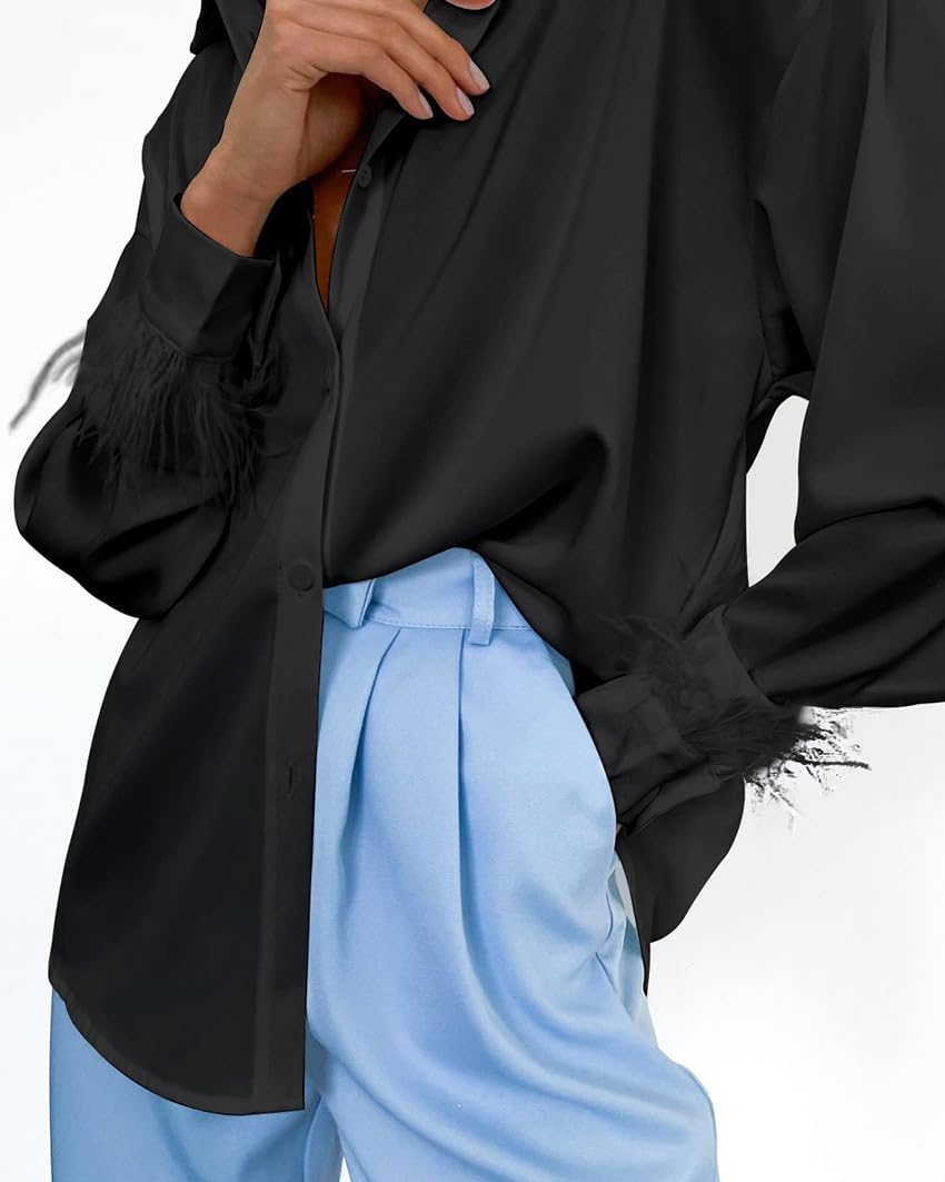 Blouses for Women Dressy Casual Feather Trim Sleeve Crop Top Casual Office Work Tops - Image 4