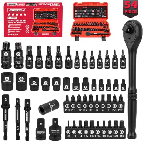 Image of 54-Piece Master Torx Bit Socket Set, T8-T70 Star Bits and E4-E24 E-Torx Sockets, Ratchet Wrench, 1 /4 inch Bit Holder, S2 Steel Bits, CR-V Sockets, Extension Bars and Adapters for Auto Repair