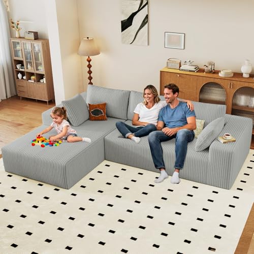 Image of 96 inch Modular Sectional Couch, Boneless L Shaped Cloud Sofa with Chaise Lounge, Corduroy Upholstered Couches Memory Foam Deep Seat, No Assembly Required, Ideal for Living Room(Light Gray, Left Facing)