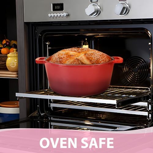 TeamFar 2-In-1 Enameled Cast Iron Dutch Oven, 5 Quart Dutch Oven Pot Cookware with Skillet Lid for Bread Baking Braising Stewing Roasting, Heavy-Duty & Nonstick, Oven Safe & Fit for Induction (Red) - Thumbnail 4