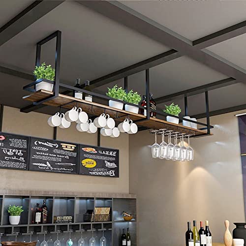 Wine rackC Hanging Wine Glass Holder - Wrought Iron Solid Wood C Shelf Storage Rack - Black Multifunctional Bar Display Rack - LOFT Hanging Decorative Rack (80X30)