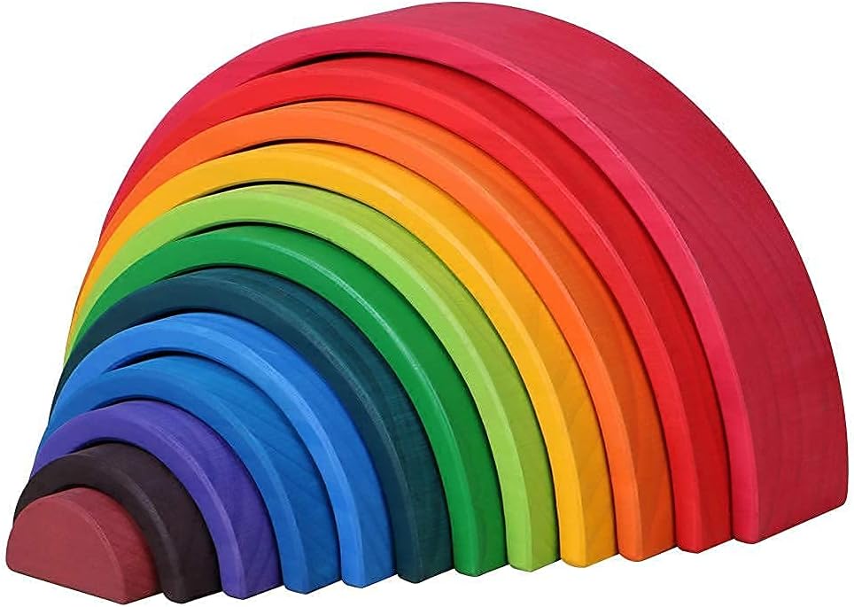Large 12 Pieces Rainbow Stacker Nesting Puzzle Wooden Building Blocks, Parent-Child Interactive Toys, 14 x 6.9 x 2.8 inches