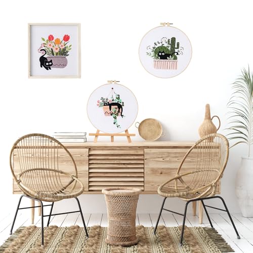Image of LB Cat Embroidery Kit for Beginners Adults, 3 Sets Hand Embroidery Starter Kit with Cactus Floral Pattern and Instructions Stamped Cross Stitch Kits Include Embroidery Hoop Needles Threads Scissors